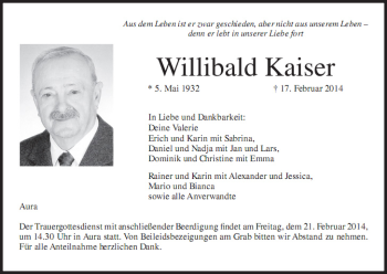 Anzeige von Willibald Kaiser von Mediengruppe Oberfranken